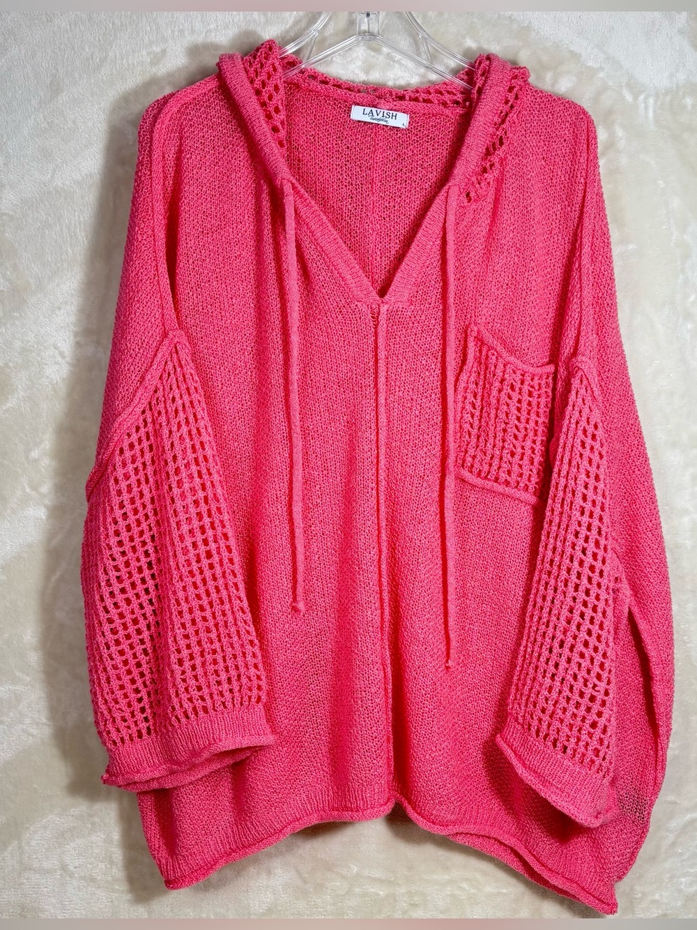 Lavish Coral-Pink Crochet Sleeve Hooded Oversized Knit Beach Sweater Top